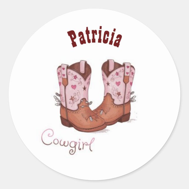 Adesivo Redondo Nome Personalizado Trendy Cute CowGirl Boots Rosa  (Frente)