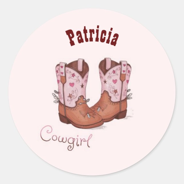 Adesivo Redondo Nome Personalizado Trendy Cute CowGirl Boots Rosa (Frente)