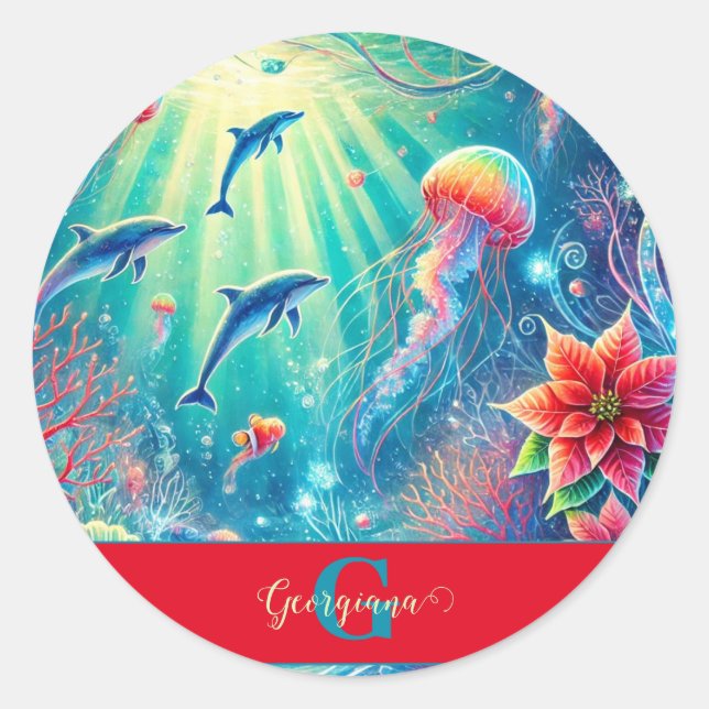 Adesivo Redondo Nome Personalizado Whimsical Floral Coral Reef Poi (Frente)