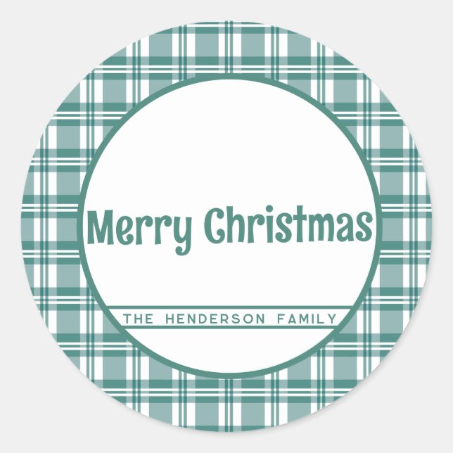 Adesivo Redondo Nome personalizado | Xadrez verde | Feliz Natal (Frente)