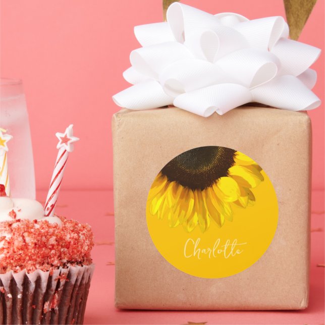 Adesivo Redondo Nome Personalizável de Girassol Amarelo de Verão (Festa)