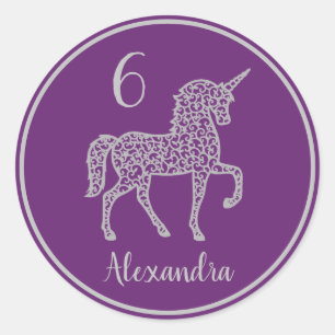 Adesivo Redondo Nome próprio da festa de aniversário Roxo Silver