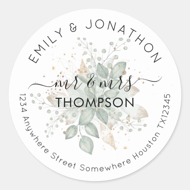 Adesivo Redondo Nome recém-casado Endereço de devolução Folhagem (Frente)
