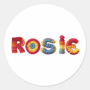 Adesivo Redondo Nome Rosie no Padrão Crochet Vibrante