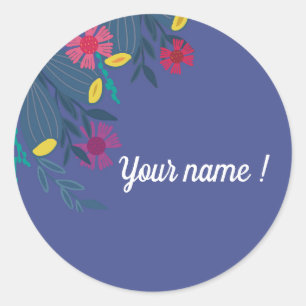 Adesivo Redondo Nome simples azul elegante floral personalizado
