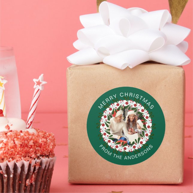 Adesivo Redondo Nome Simples da Família de Fotos de Natal do Wreat (Festa)