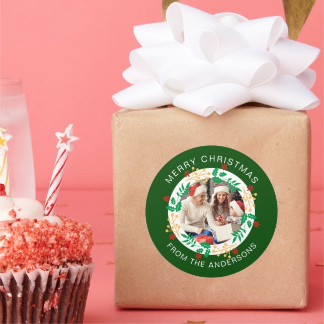 Adesivo Redondo Nome Simples da Família de Fotos de Natal do Wreat (Festa)