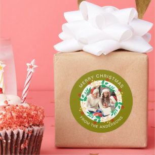 Adesivo Redondo Nome Simples da Família de Fotos de Natal do Wreat