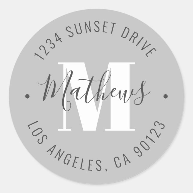 Adesivo Redondo Nome & Texto Circular Clássico Monograma | CINZAS (Frente)