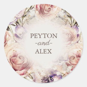 Adesivo Redondo Nomes de Borboletas Florais de Creme Rosa Púrpura