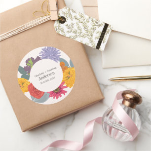 Adesivo Redondo Nomes de Casais Florais de Casamento Moderno Abstr