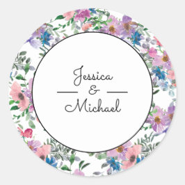 Adesivo Redondo Nomes de Casal Floral Aquarela Roxo Branco