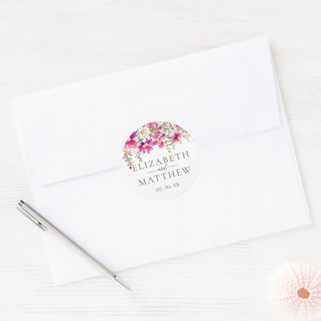 Adesivo Redondo Nomes de Casamento Floral de Flores Rosa Brilhante (Envelope)