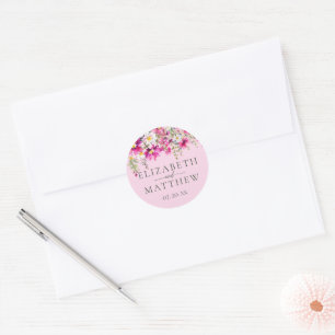 Adesivo Redondo Nomes de Casamento Floral de Flores Rosa Brilhante