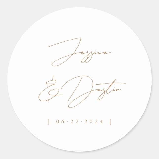 Adesivo Redondo Nomes de Data de Script Elegante Dourado Minimalis (Frente)