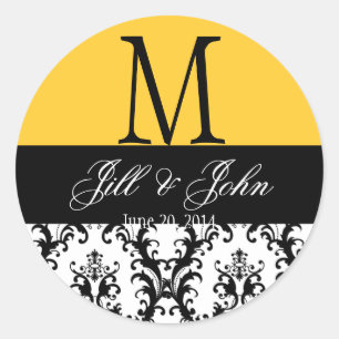 Adesivo Redondo Nomes de Monograma de Casamento Data Damask Amarel