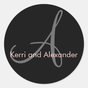 Adesivo Redondo Nomes e Monograma Inicial Vinheta Preta e Rosa