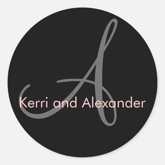 Adesivo Redondo Nomes e Monograma Inicial Vinheta Preta e Rosa (Frente)