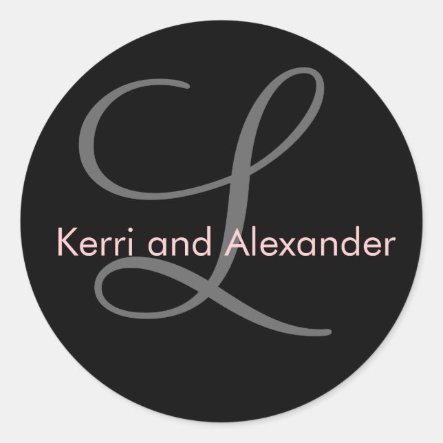 Adesivo Redondo Nomes e Monograma Inicial Vinheta Preta e Rosa (Frente)