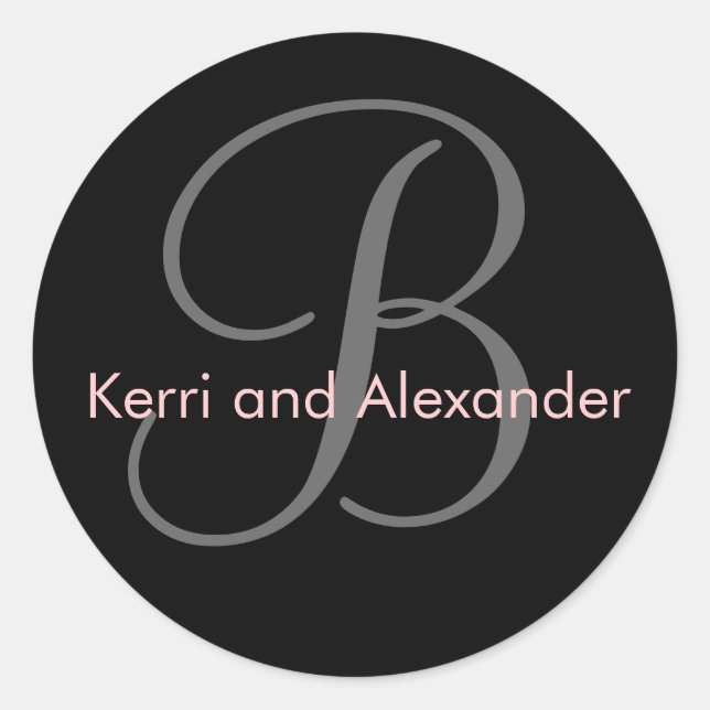 Adesivo Redondo Nomes e Monograma Inicial Vinheta Preto e Rosa (Frente)