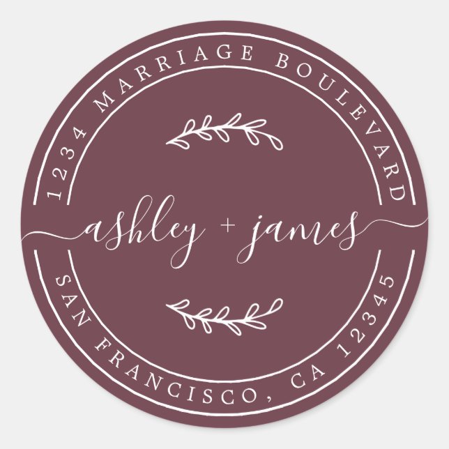 Adesivo Redondo Nomes Elegantes Endereço de Devolução de Casamento (Frente)