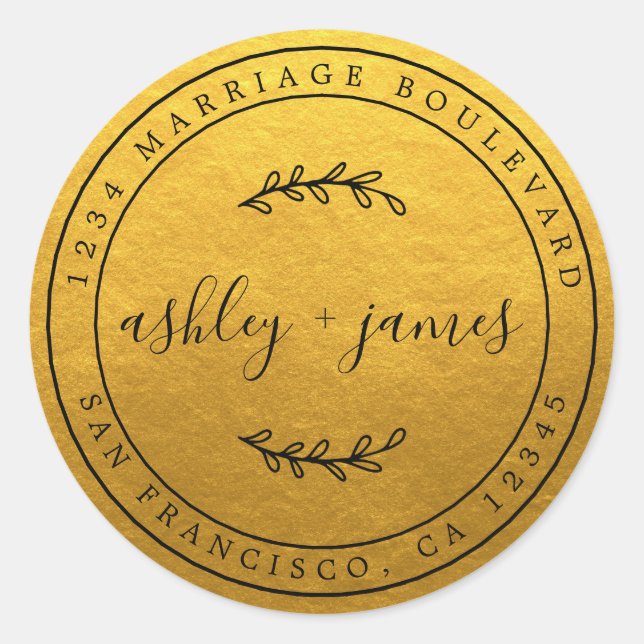 Adesivo Redondo Nomes Elegantes Endereço de Devolução de Casamento (Frente)