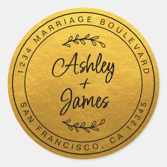 Adesivo Redondo Nomes Elegantes Endereço de Devolução de Casamento (Frente)