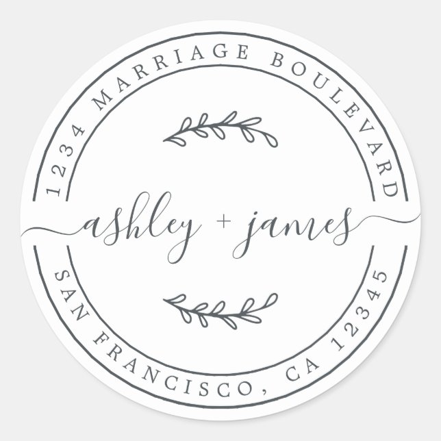 Adesivo Redondo Nomes Elegantes Endereço de Devolução de Casamento (Frente)