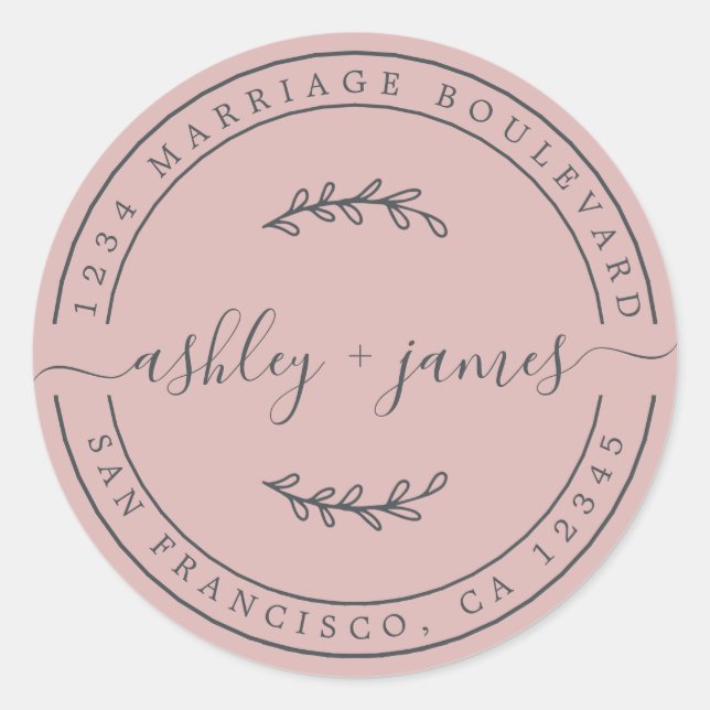 Adesivo Redondo Nomes Elegantes Endereço de Devolução de Casamento (Frente)