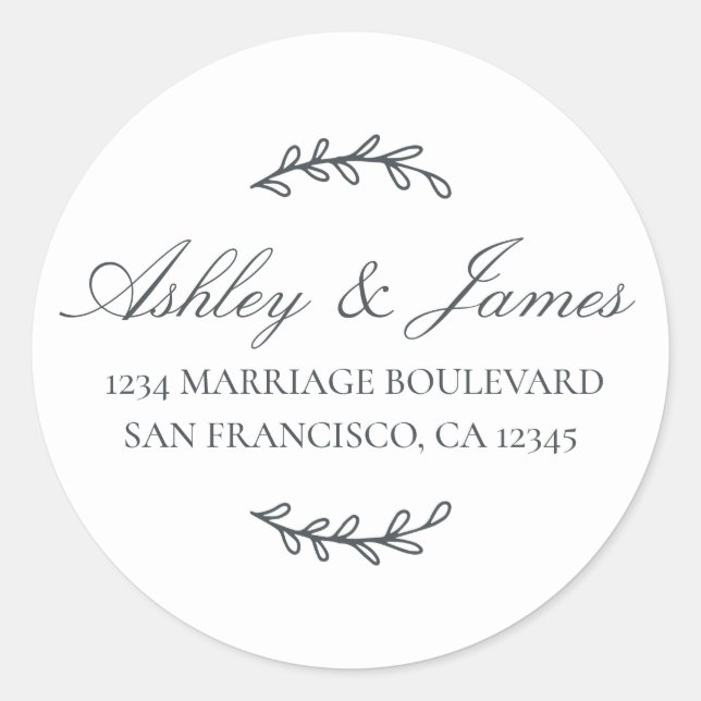 Adesivo Redondo Nomes Elegantes Endereço de Devolução de Casamento (Frente)