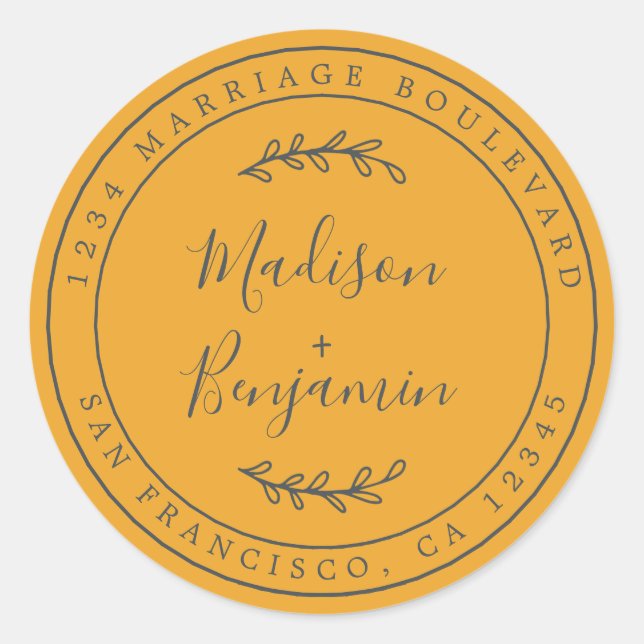 Adesivo Redondo Nomes Elegantes Endereço de Devolução de Casamento (Frente)