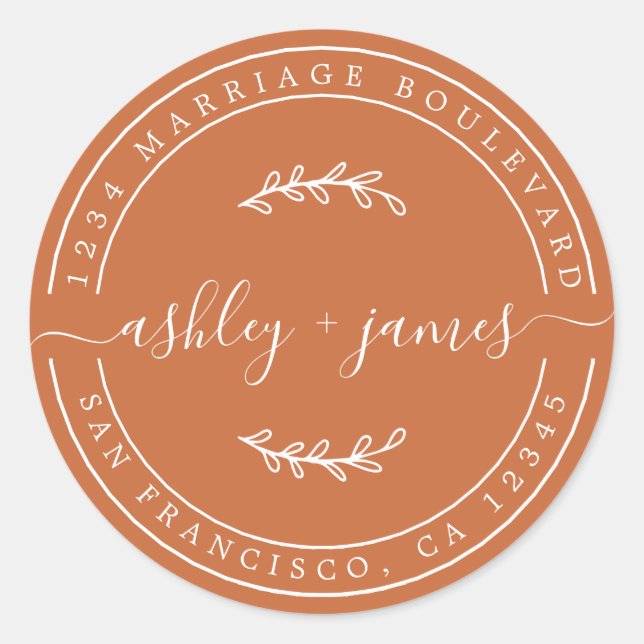 Adesivo Redondo Nomes Elegantes Endereço de Devolução de Casamento (Frente)