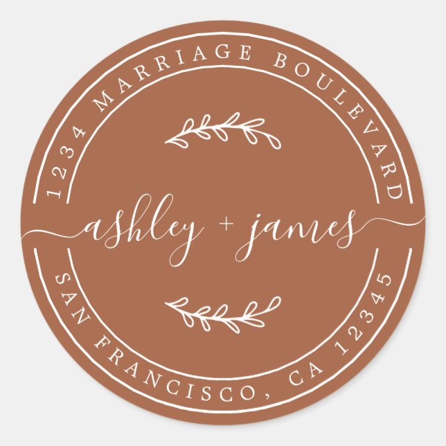 Adesivo Redondo Nomes Elegantes Endereço de Devolução de Casamento (Frente)