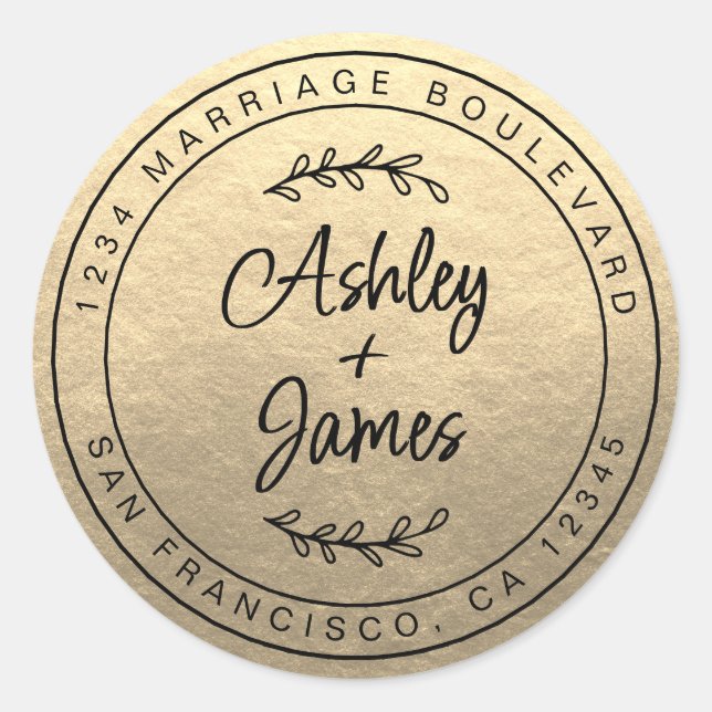 Adesivo Redondo Nomes Elegantes Endereço de Devolução de Casamento (Frente)