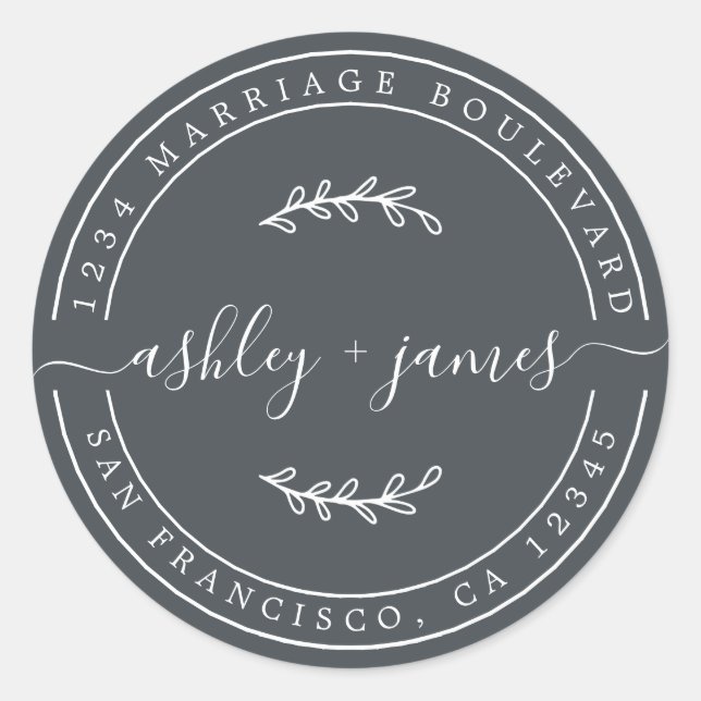 Adesivo Redondo Nomes Elegantes Endereço de Devolução de Casamento (Frente)