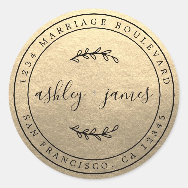 Adesivo Redondo Nomes Elegantes Endereço de Devolução de Casamento (Frente)