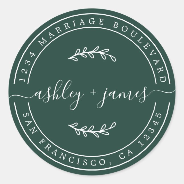 Adesivo Redondo Nomes Elegantes Endereço de Devolução Verde Escuro (Frente)