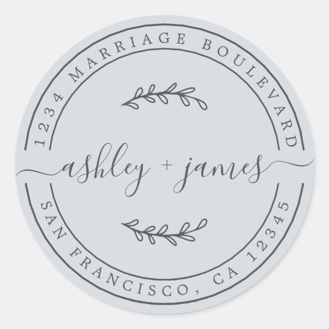 Adesivo Redondo Nomes Elegantes Pastel Blue Wedding Endereço de De (Frente)