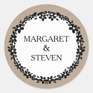 Adesivo Redondo Nomes florais da beira do casamento branco & preto
