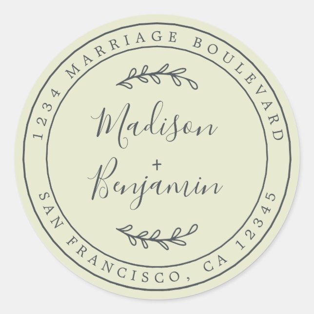 Adesivo Redondo Nomes Legais Endereço de Devolução de Casamento Ve (Frente)