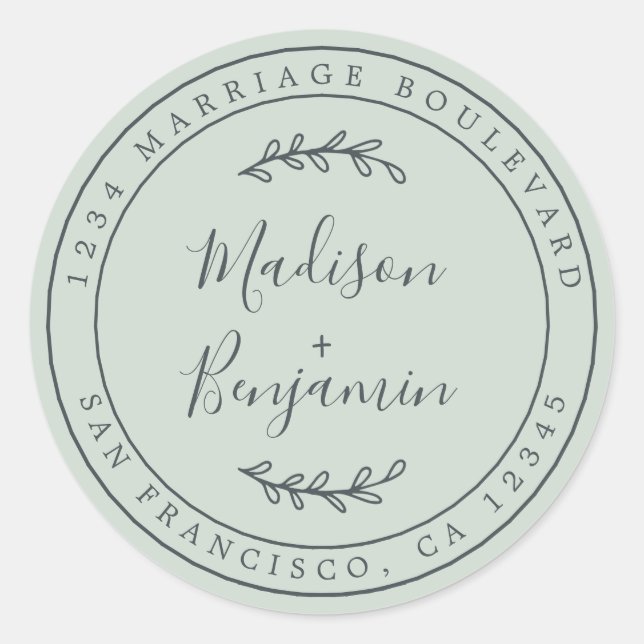 Adesivo Redondo Nomes Legais Endereço de Devolução de Casamento Ve (Frente)