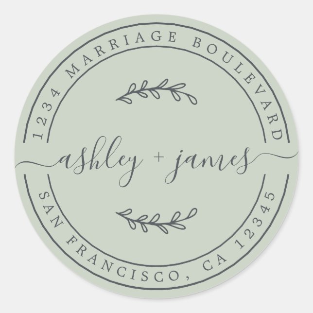 Adesivo Redondo Nomes Legais Pastel Green Wedding Endereço de Devo (Frente)