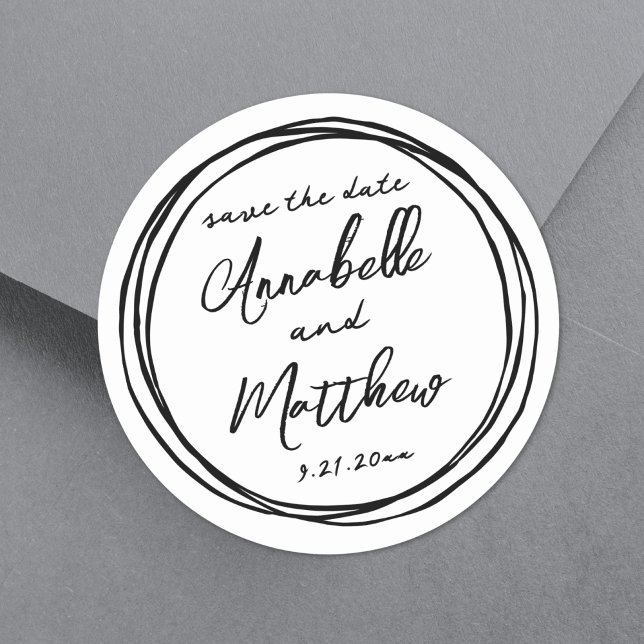 Adesivo Redondo Nomes Simples e Na Moda Preto e Branco Salve a Dat (Simple Trendy Black White Names Save The Date Classic Round Sticker)