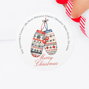 Adesivo Redondo Nordic Folk Patterned Mittens Endereço de Natal
