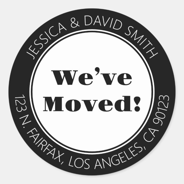 Adesivo Redondo Nós nos mudamos! | Endereço de retorno preto e bra (Frente)