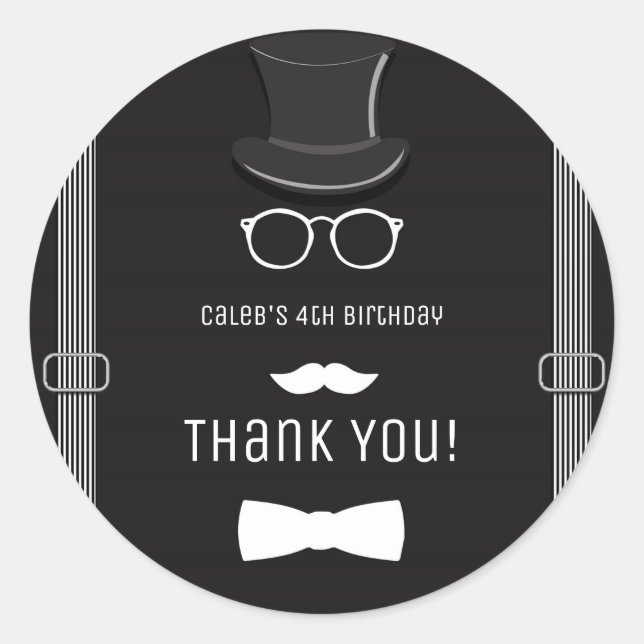 Adesivo Redondo Nossa pequena festa de aniversário de suspensórios (Frente)