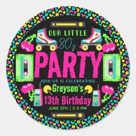 Adesivo Redondo nossa pequena Festa de aniversário Retro Neon