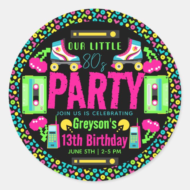 Adesivo Redondo nossa pequena Festa de aniversário Retro Neon (Frente)