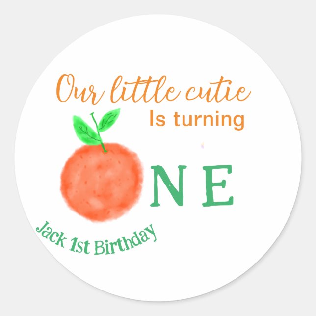 Adesivo Redondo Nossa pequena fruta de citros laranja de aniversár (Frente)