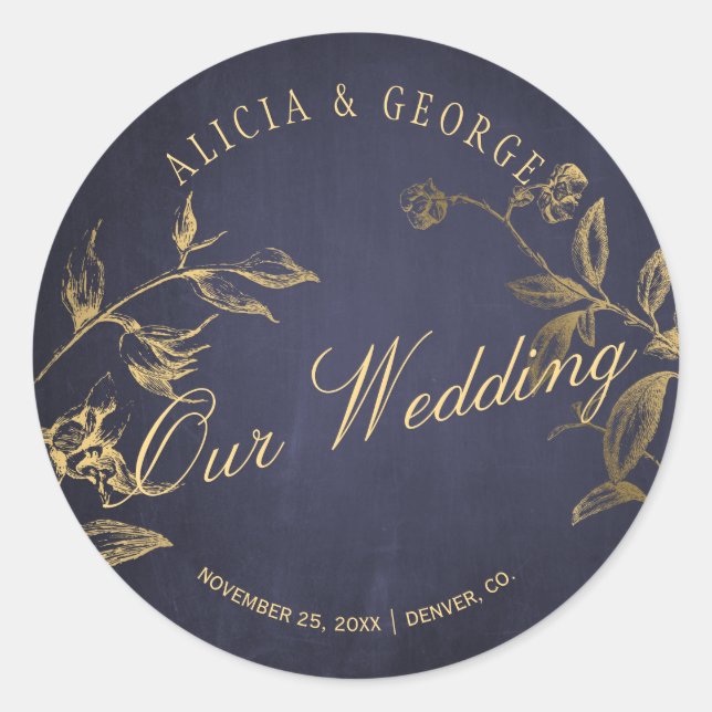 Adesivo Redondo Nosso casamento elegante marinho de ouro do casame (Frente)